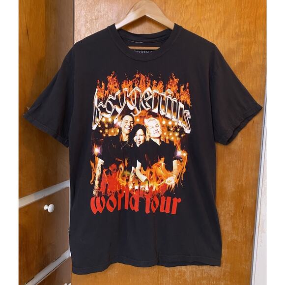 BOYGENIUS Concert T Shirt Black World Tour Dates Double Sided Flames Sz L 2023 - Picture 1 of 6